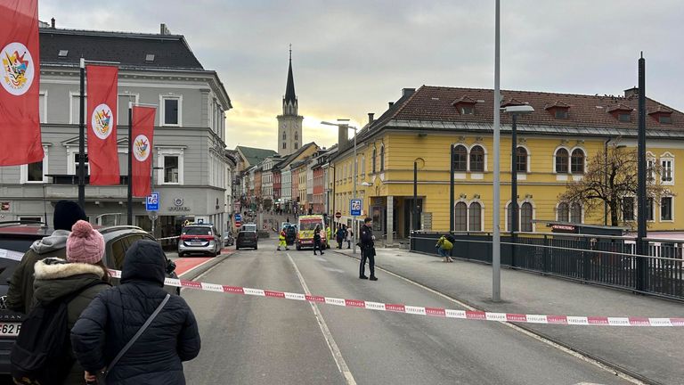 Police cordoned off the area following the attack in Villach. Pic: AP