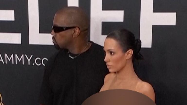 Kanye West and Bianca Censori outside 2025 Grammys