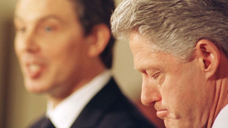 Bill Clinton, the then US president, bows his head during a joint news conference with UK PM Tony Blair in February 1998. Clinton was repeatedly questioned about the Monica Lewinsky scandal. Pic: Reuters