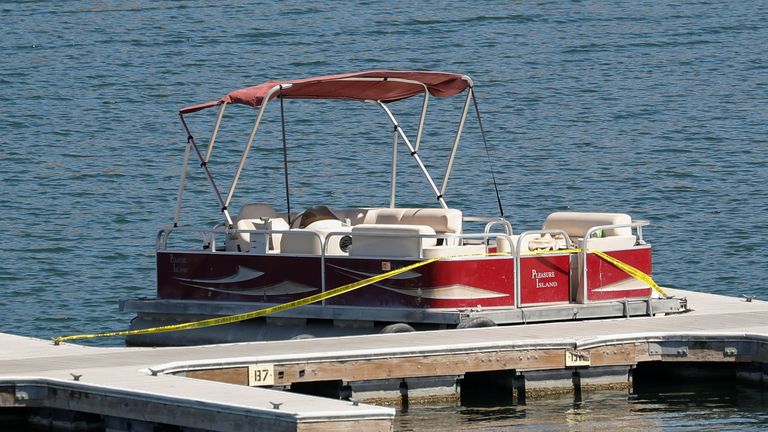 The boat that Naya Rivera was using when she went missing is seen on Lake Piru in California. Pic: Reuters /Mario Anzuoni
