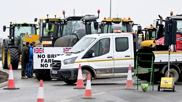 Farmers stage a demonstration during Keir Starmer's visit to a housing development in Buckinghamshire.
Pic: PA