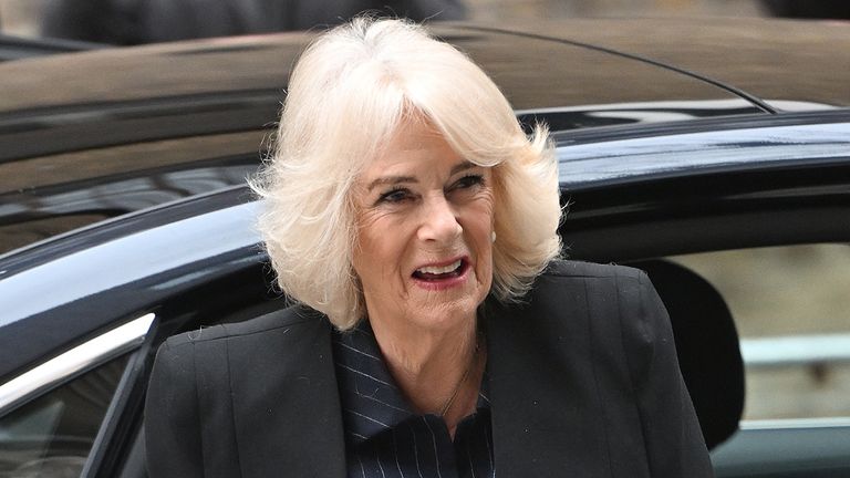 Queen Camilla arrives for a visit to Mulberry Academy London Dock.
Pic:Eddie Mulholland/The Telegraph/PA