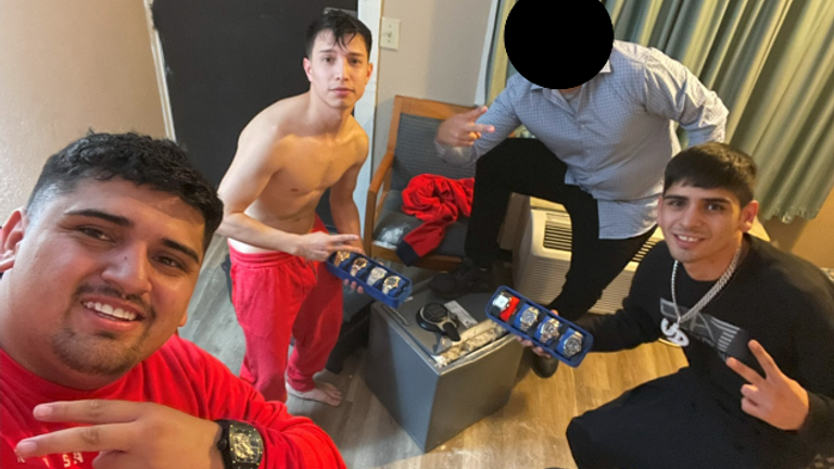 The FBI alleges the photo shows Pablo Zuniga Cartes, Ignacio Zuniga Cartes, Bastian Jimenez Freraut, and a fourth individual posing with the stolen safe and jewelry taken from one of the burglaries.