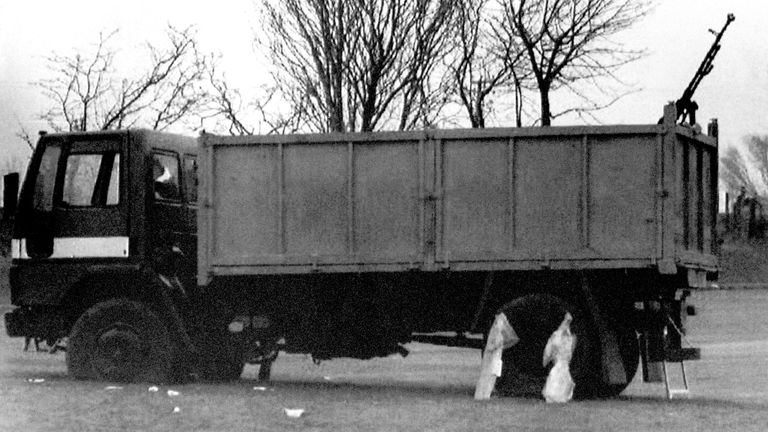 The lorry used by IRA terrorists to launch an attack on Coalisland R.U.C. Station, County Tyrone. Visible is the 12.7MM heavy machine gun mounted on rear of vehicle.
Pic: PA eiqrtiqiqdtprw