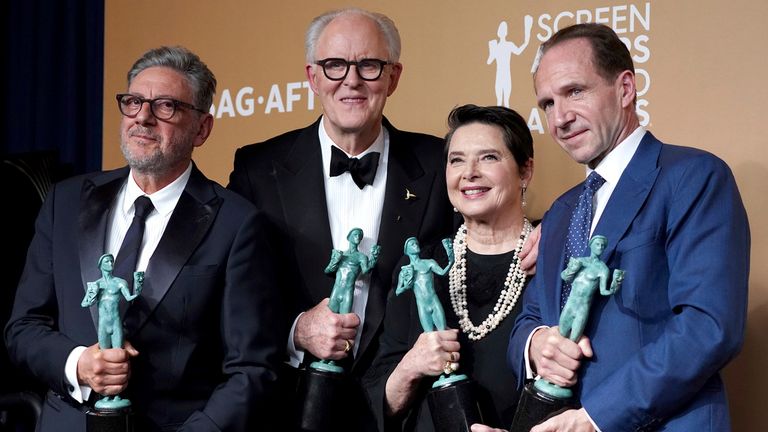 Sergio Castellitto, from left, John Lithgow, Isabella Rossellini, and Ralph Fiennes, winners of the SAG Awards outstanding performance by a cast prize for Conclave. Pic: Jordan Strauss/Invision/AP