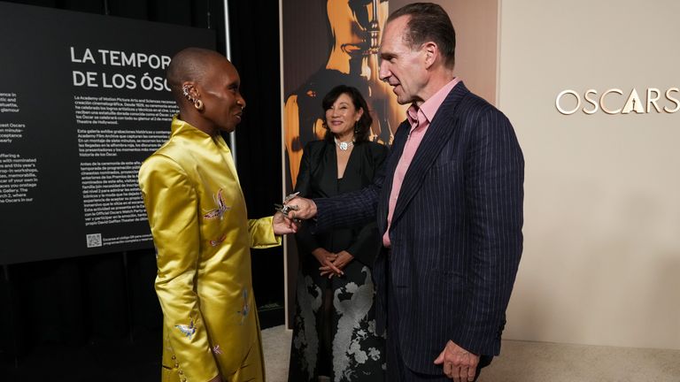 Cynthia Erivo, from left, Academy president Janet Yang, and Ralph Fiennes at the Oscar Nominees Dinner in Los Angeles. Pic: Jordan Strauss/Invision/AP 2025