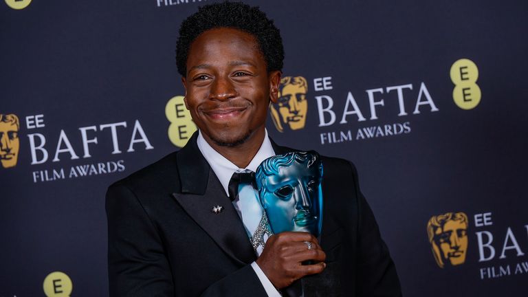 David Jonsson poses with the EE Rising Star Award at the 78th British Academy Film Awards, BAFTA's, in London, Sunday, Feb. 16, 2025. (Photo by Joel C Ryan/Invision/AP)