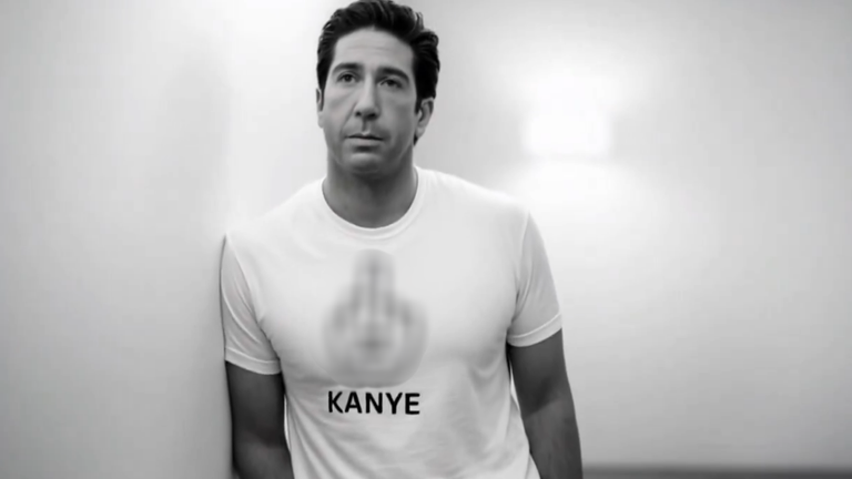 An AI-generated version of David Schwimmer  in the video. Pic: Ori Bejerano. This image was blurred by SN to cover "finger" gesture on T-Shirt following request of Alessandra Rizzo