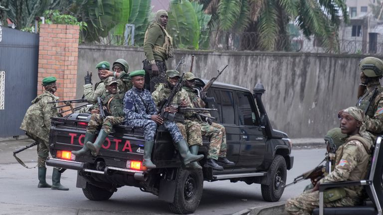 M23 rebels patrol the streets of Goma this week.
Pic: AP/Brian Inganga