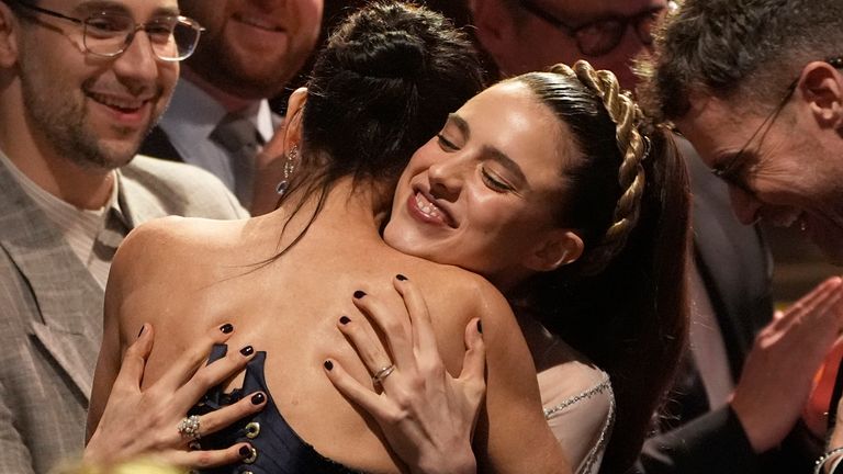 Jack Antonoff, from left, Demi Moore and Margaret Qualley in the audience at the Critics Choice Awards 2025. Pic: AP/Chris Pizzello