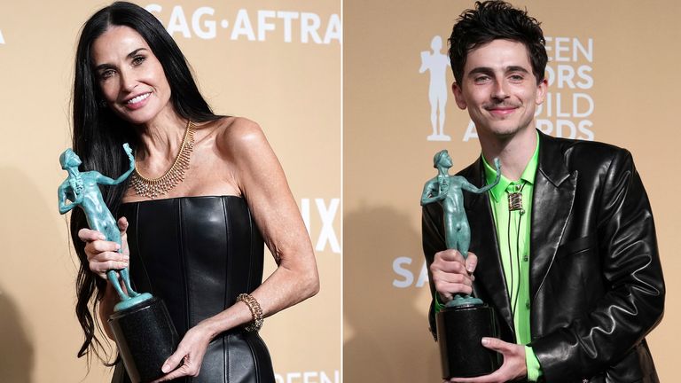 Demi Moore and Timothee Chalamet celebrate their SAG Awards wins. Pics: Jordan Strauss/Invision/AP