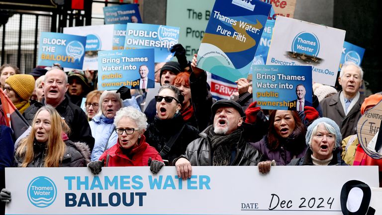 Demonstrators protest against Thames Water&#39;s bid to seek approval for its restructuring plan, at the High Court.
Pic: Reuters
