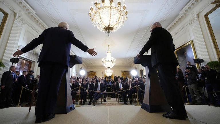 Donald Trump and Benjamin Netanyahu during a news conference in the East Room of the White House. Pic: AP