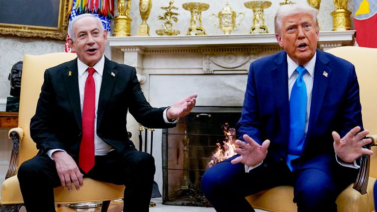 Donald Trump meets with Israeli Prime Minister Benjamin Netanyahu in the Oval Office. 
Pic: Reuters