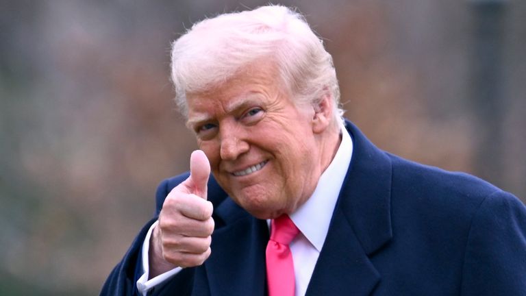 President Donald Trump gives a thumbs-up as he arrives at the White House after speaking at a conservative conference in Washington. Pic: AP