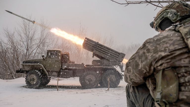 Servicemen of  the Ukrainian Armed Forces prepare to fire a BM-21 Grad multiple-launch rocket system in Chasiv Yar in Donetsk.
Pic: Press Service of the 24th King Danylo Separate Mechanized Brigade/Reuters
