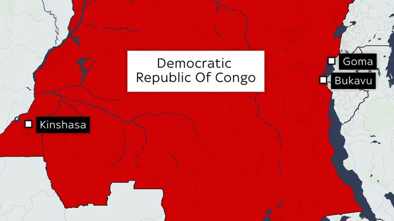 Map of DRC showing Goma, Bukavu and Kinshasa