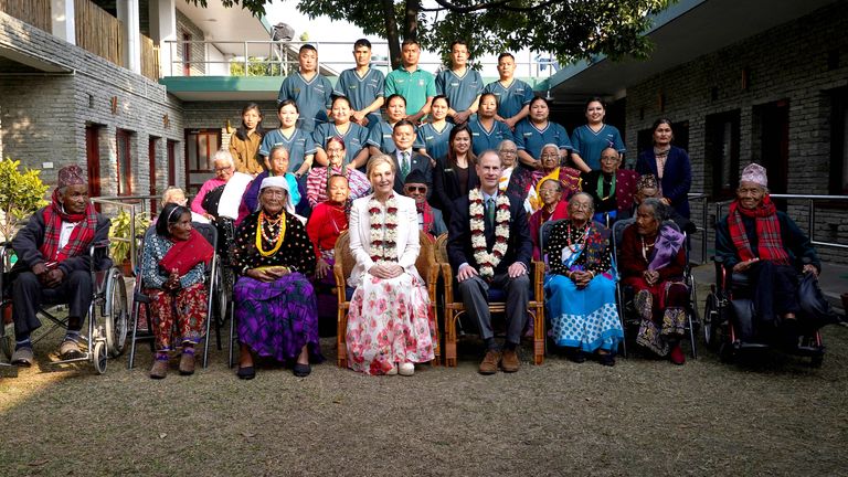 The Duke and Duchess of Edinburgh pose for a photo with Gurkhan veterans, widowers, and members of staff at the Veterans Residential Home in the Gurkha Welfare Trust Welfare Centre, Pokhara, during day three of their trip to Nepal.
Pic: PA