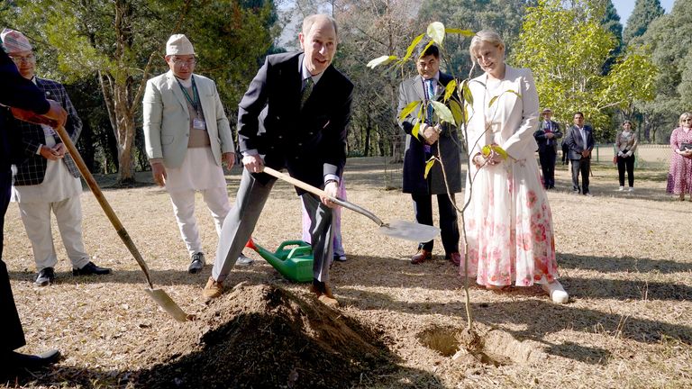 The Duke and Duchess of Edinburgh plant a Magnolia tree, beside a tree that was planted by Queen Elizabeth II and Prince Philip in 1986,.during a visit to the Godawari National Botanic Garden in Kathmandu, on day three of their trip to Nepal. Picture date: Thursday February 6, 2025. PA Photo. See PA story ROYAL Edinburgh. Photo credit should read: Yui Mok/PA Wire