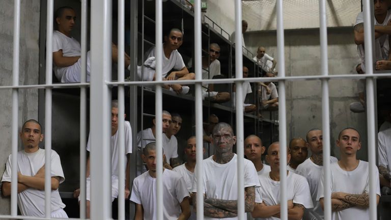 Inmates at El Salvador's mega prison attending a class on social behaviour. Pic: AP