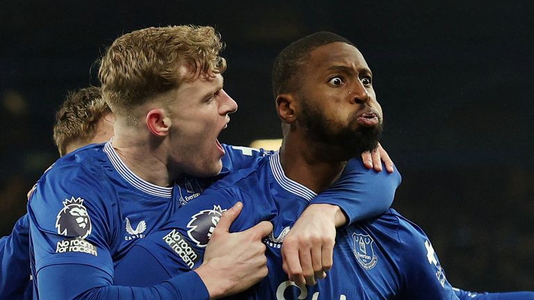 Everton's Beto celebrates scoring their first goal with Jarrad Branthwaite. Pic: Reuters Pic: Reuters