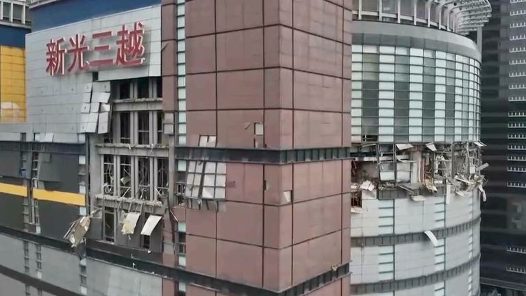 The Shin Kong Mitsukoshi department store after an explosion in Taichung city in Taiwan.
Pic: National Fire Agency/AP
