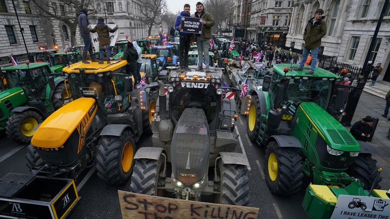 Farmers and their tractors protest in Whitehall, London over the changes to inheritance tax (IHT) rules in the budget which introduced new taxes on farms worth more than ..1 million. Picture date: Monday February 10, 2025. PA Photo. See PA story PROTEST Farmers . Photo credit should read: Gareth Fuller/PA Wire