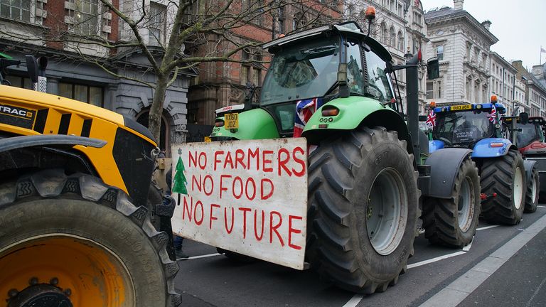 Farmers and their tractors protest in Westminster, London over the changes to inheritance tax.
Pic: PA