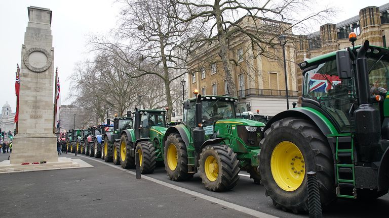 Farmers and their tractors protest in Westminster, London over the changes to inheritance tax.
Pic: PA