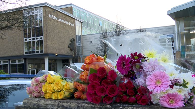 Flowers left outside All Saints Catholic High School on Tuesday.
Pic: PA