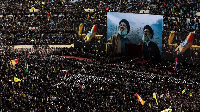 A vehicle carries the coffins of former Hezbollah leaders Hassan Nasrallah and Hashem Safieddine, who were killed in Israeli airstrikes last year, on the day of a public funeral ceremony, in Camille Chamoun Sports City Stadium, on the outskirts of Beirut, Lebanon February 23, 2025. REUTERS/Thaier Al-Sudani