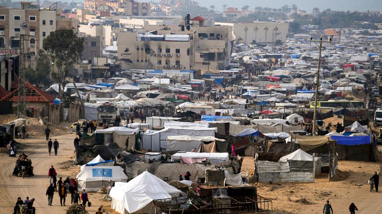 A refugee camp in southern Gaza for displaced Palestinians. Pic: AP