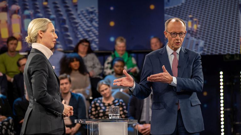 CDU party leader Friedrich Merz and Alternative for Germany (AfD) party co-leader Alice Weidel on a TV show. Pic: Reuters