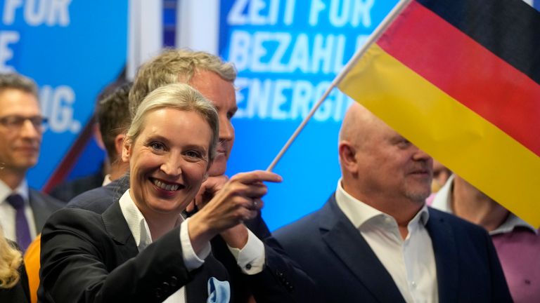 Leader of far right AfD Alice Weidel waves a German flag at the AfD party headquarters in Berlin, Germany, Sunday, Feb. 23, 2025, after the German national election. (AP Photo/Michael Probst)