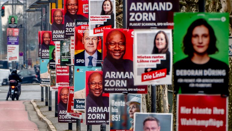 Election posters in Frankfurt ahead of Germany&#39;s vote. Pic: AP