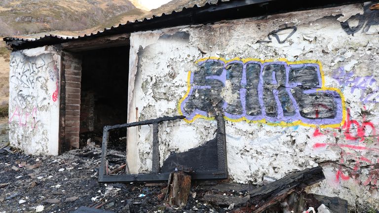 Outbuildings which were destroyed by fire at the cottage at Glen Coe which was owned by Jimmy Savile