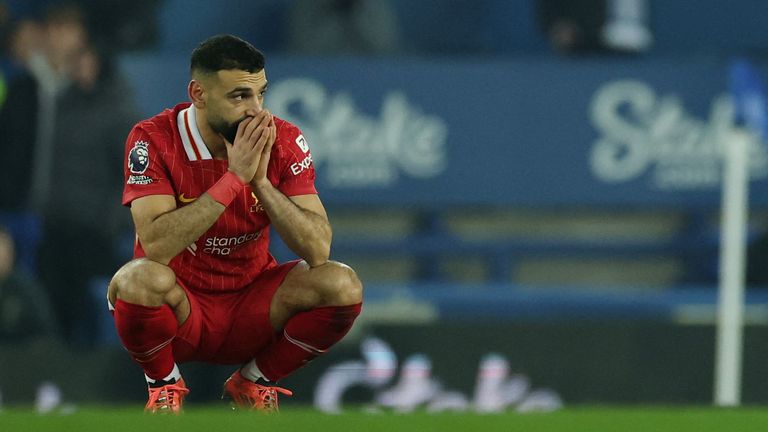 Liverpool's Mohamed Salah looks dejected after Everton's equaliser. Pic: Reuters