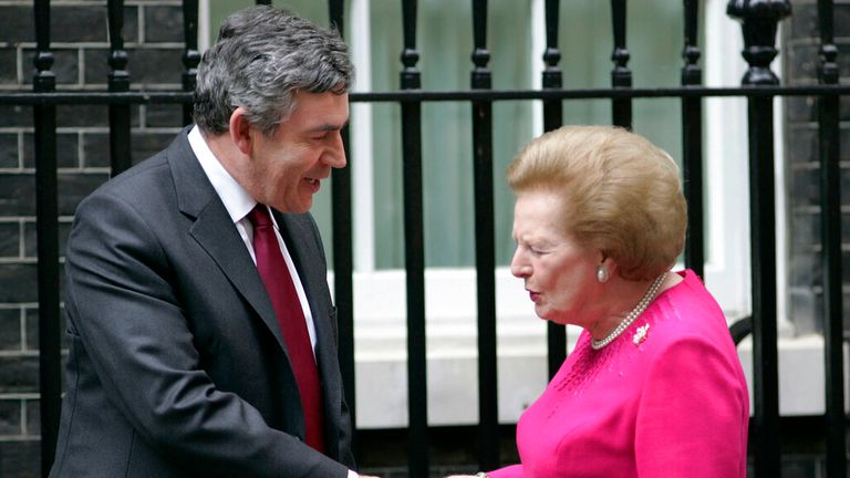 Gordon Brown welcomes Margaret Thatcher to 10 Downing Street in 2007. Pic: AP