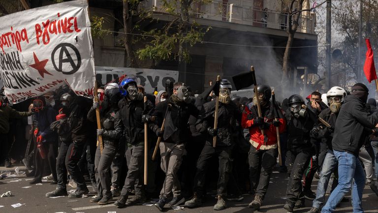 28 February 2025, Greece, Ath: Participants in a demonstration gather in the city center. Riots broke out in the major Greek cities of Athens and Thessaloniki during large demonstrations to commemorate the serious train crash in Tempi two years ago. Photo by: Socrates Baltagiannis/picture-alliance/dpa/AP Images


