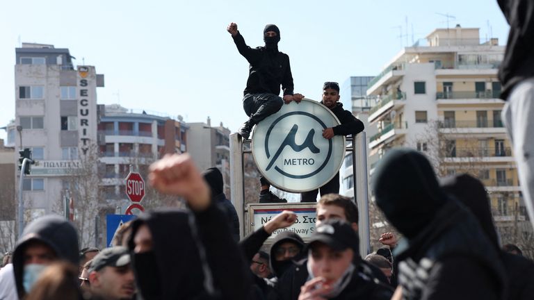 Demonstrators protest to mark the second anniversary of the country's worst railway disaster, while an investigation continues, in Thessaloniki, Greece, February 28, 2025. REUTERS/Murad Sezer