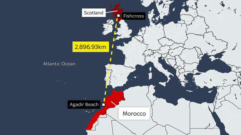 Gulliver travelled from Fishcross in Clackmannanshire to Agadir Beach in Morocco