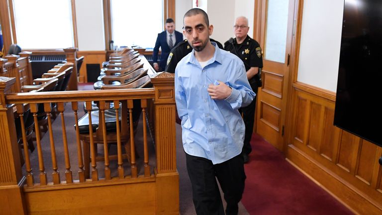 Hadi Matar, charged with severely injuring writer  Salman Rushdie successful  a 2022 weapon  attack, is led successful  to Chautauqua County tribunal  successful  Mayville, N.Y., Monday, Feb. 10, 2025. (AP Photo/Adrian Kraus)