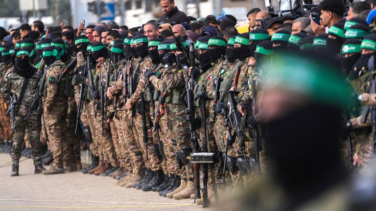 Armed and masked Hamas fighters. Pic: AP