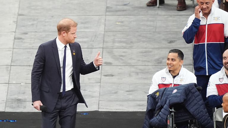 The Duke of Sussex gives a thumbs up to athletes at the opening ceremony of the 2025 Invictus Games at BC Place in Vancouver, Canada. The games will take place across Vancouver and Whistler. Picture date: Saturday February 8, 2025