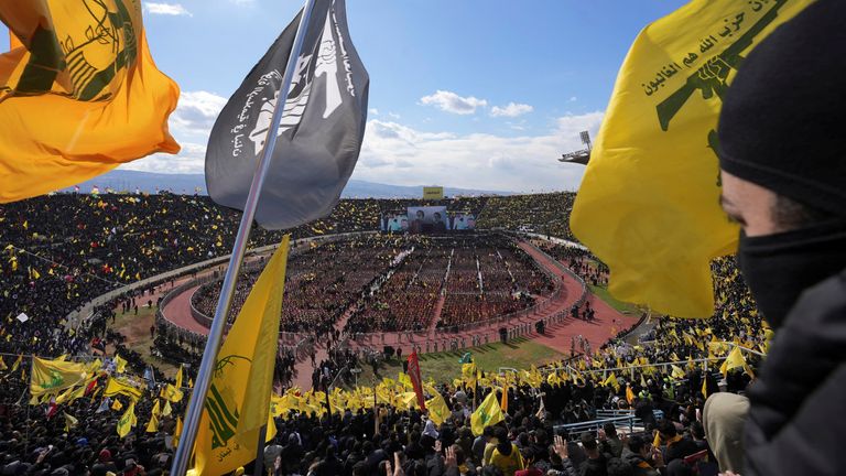 Mourners gather on the day of a public funeral ceremony for late Hezbollah leaders Hassan Nasrallah and Hashem Safieddine, who were killed in Israeli airstrikes last year, in Camille Chamoun Sports City Stadium, Beirut, Lebanon February 23, 2025. REUTERS/Mohammed Yassin