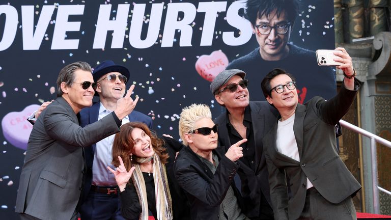 "The Goonies" cast members Josh Brolin, Joe Pantoliano, Kerri Green, and Corey Feldman, and writer Chris Columbus pose with actor Ke Huy Quan on the day he places his handprints in cement during a ceremony at TCL Chinese Theatre, in Hollywood.
Pic: Reuters