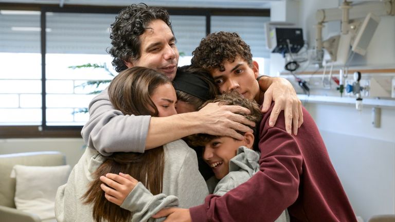 Ofer Kalderon's meeting with his children, at Sheba Hospital. Pic: Maayan Toaf/GPO