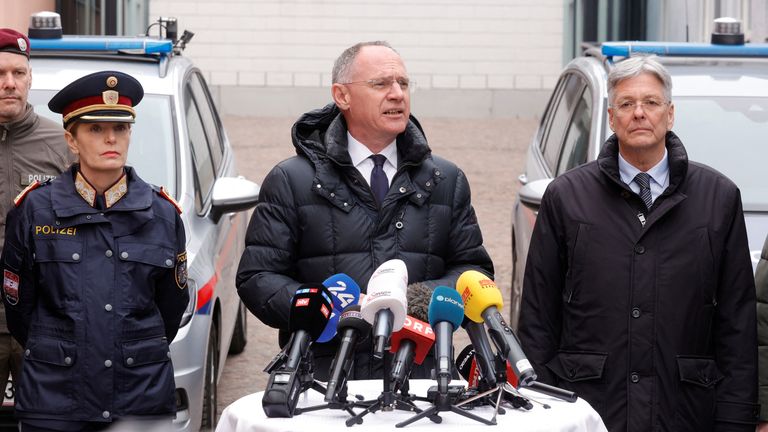 Austrian interior minister Gerhard Karner speaks at a news conference in Villach. Pic: Reuters