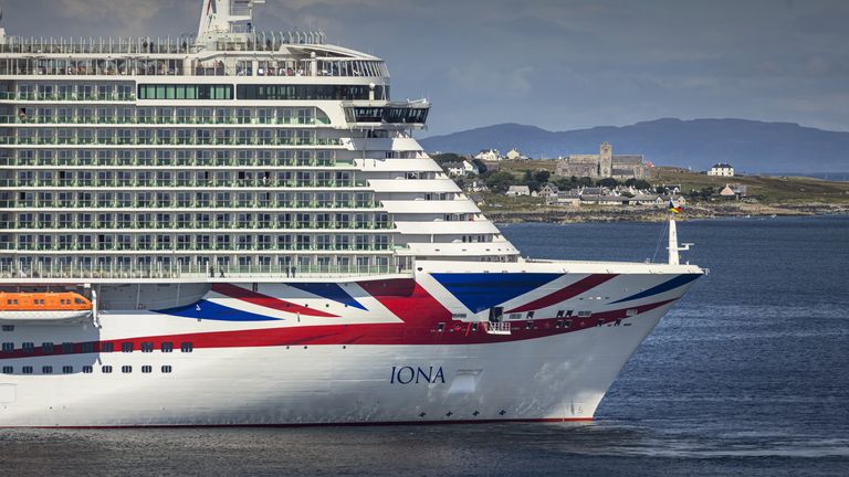 EDITORIAL USE ONLY Handout photo issued by P&O Cruises of Britain's largest cruise ship Iona making her maiden voyage to the namesake island of Iona in the Inner Hebrides off the western coast of Scotland. Issue date: Monday August 9, 2021.