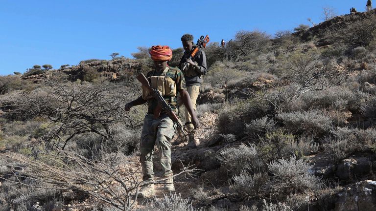 Security forces patrol after ISIS base captured. Pic: Feisal Omar/Reuters